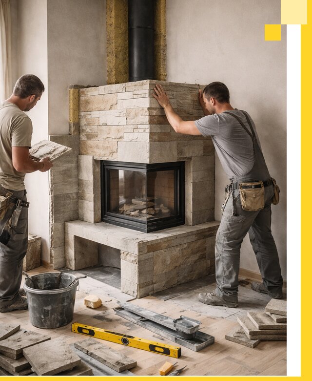 Угловые камины под ключ проект, монтаж и отделка в Салавате